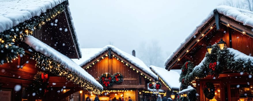 Visitors browse charming wooden stalls adorned with snow and holiday lights, creating a warm atmosphere at this winter market during a snowy evening.