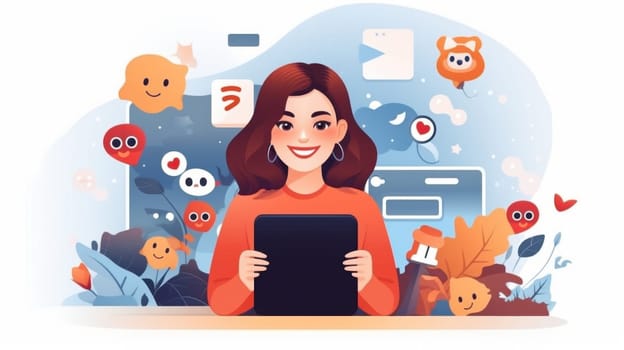 A young woman in an orange shirt sits at a desk, smiling while using a tablet. Colorful icons and emojis surround her, creating a playful and positive atmosphere against a light blue background.
