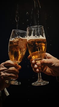 This image features two hands joyfully toasting with glasses of beer against a sleek black background, symbolizing celebration, camaraderie, and shared moments. Perfect for beer enthusiasts.