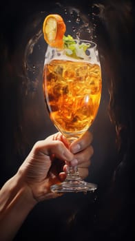 A hand gracefully holds a chilled glass of beer, decorated with vibrant orange slices and fresh mint leaves. The striking black background enhances the refreshing water splash, inviting thirst.