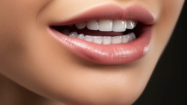 This image features a close-up of a womans smiling lips and white teeth, showcasing her fair skin and dark hair, with a natural makeup look against a dark background.