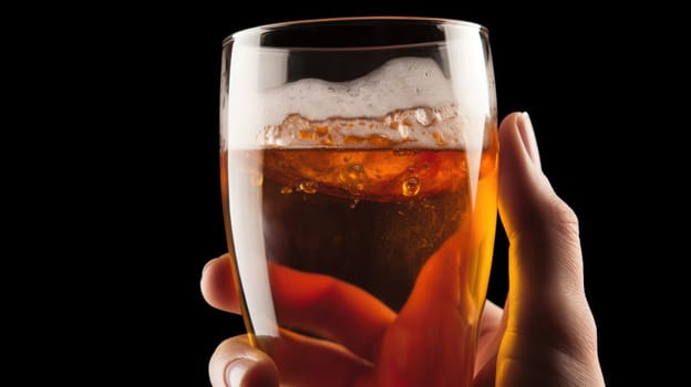 A close-up of a hand holding a pilsner glass filled with amber beer. The frothy white head enhances the rich colors and textures of the beverage against a sleek black background.