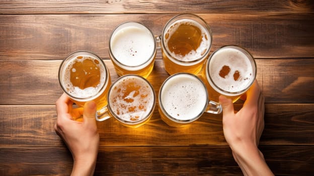 The image features six full mugs of beer on a dark wooden background, arranged in a circle, with each mug topped with white foam, creating an inviting and festive atmosphere.
