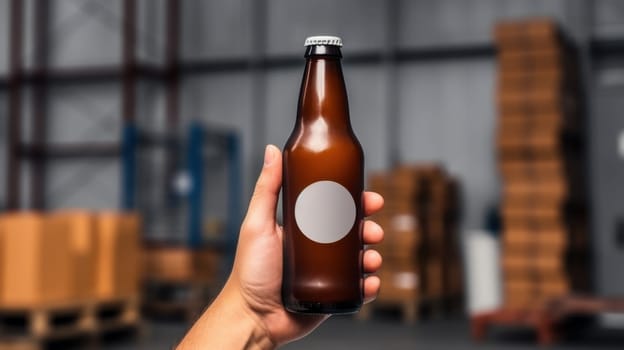 The amber beer bottle features a blank white label and is held in a persons hand. The background is a blurred warehouse filled with stacked boxes and crates, showcasing an industrial setting.