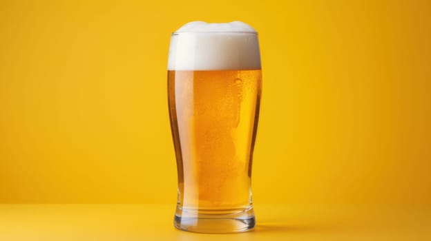A tall glass of golden beer with a creamy, frothy head rests on a vibrant yellow background. The beer is clear, showcasing its effervescence and inviting color, perfect for a refreshing beverage.
