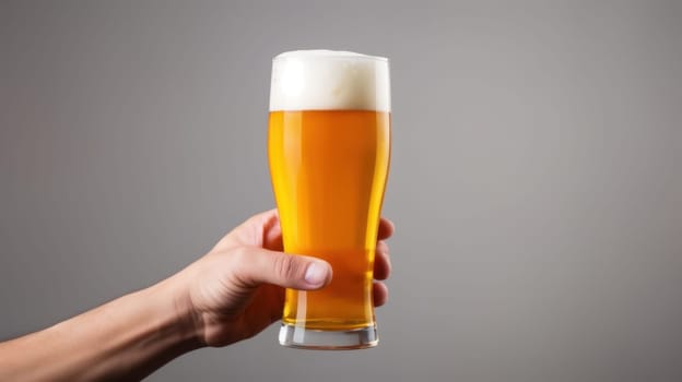 A hand elegantly holds a tall pilsner glass filled with golden beer, topped with a generous foamy head. The background is a soft gray, allowing the vibrant colors of the beer to shine.