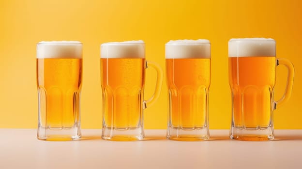 Four full mugs of beer topped with creamy white foam are neatly arranged in a row against a vibrant yellow background. This image is perfect for beer lovers and celebrations.