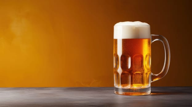 A mug of beer with a foamy head sits on a bar counter with a yellow background. The beer is amber in color and has a slight chill to it. The mug is made of glass and has a textured design.