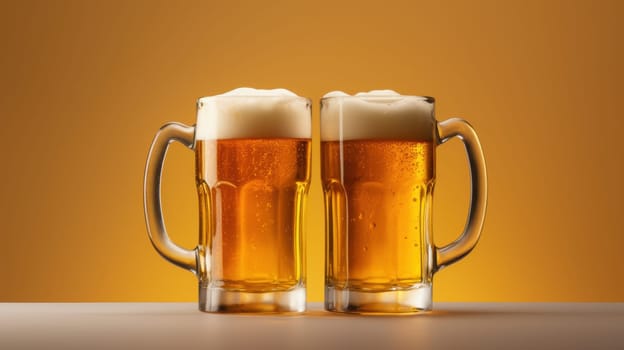 Two tall glasses filled with refreshing light beer, each topped with a frothy white foam, are elegantly placed side by side on a soft beige background, inviting a sense of relaxation and enjoyment.