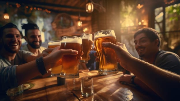 A group of diverse and happy friends hanging out, drinking beer, and enjoying each others company at a bar restaurant with a warm atmosphere lit up by string lights.