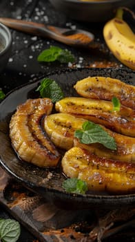Golden caramelized banana slices topped with mint leaves served on a black plate