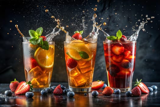 Cold and refreshing fruit cocktail with orange slices, blueberry and strawberry on dark background. Summer drink. Iced fruit tea. Ai generated