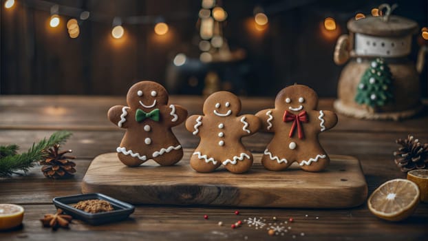 Christmas background. Gingerbread men on table. Homemade gingerbread Christmas cookies in icing sugar. Delicious gingerbread cookies. Gingerbread man, festive flat lay with spruce branches on wooden table background. Freshly baked Christmas gingerbread cookies. Ai generated image