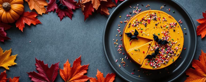 A pumpkin cheesecake is beautifully presented on a dark plate, surrounded by colorful autumn leaves. Decorated with candy bats and sprinkles, it evokes a festive, seasonal mood.