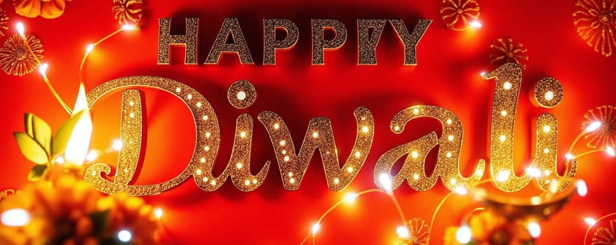 A vibrant display of Diwali decorations featuring a glittering Happy Diwali sign, surrounded by colorful flowers and twinkling lights, creating a joyful atmosphere for the festival.