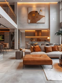 Elegant living space with chic design, orange cushions, and upscale furniture