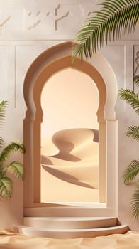 Scenic desert landscape through elegant arched doorway with palm leaves