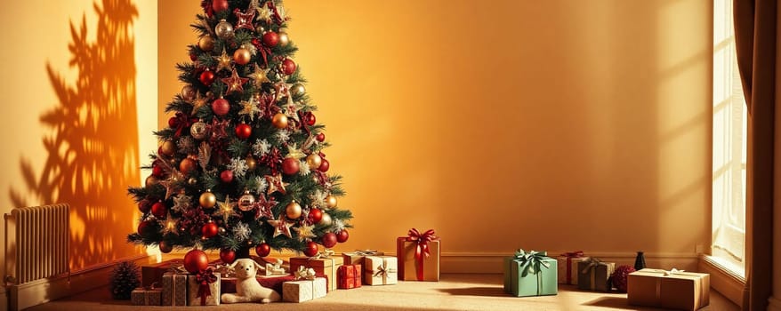 A sparkling Christmas tree adorned with colorful ornaments stands in a warm living room, surrounded by beautifully wrapped gifts. Sunlight filters through the window, creating a festive atmosphere.