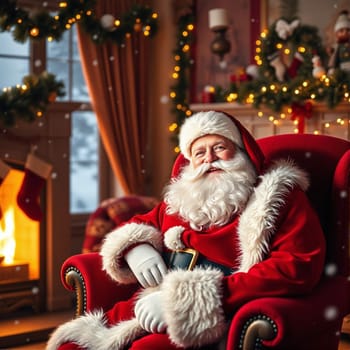 A jolly Santa Claus in a red suit sits comfortably in a plush chair, surrounded by festive decorations and a warm fireplace, embodying the spirit of Christmas joy and cheer.