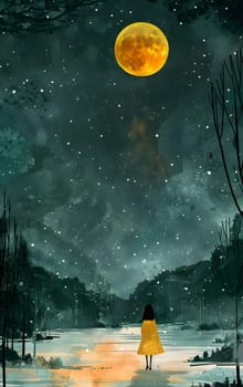 The woman in a yellow dress is standing in front of the full moon, creating a surreal atmosphere. The photograph captures the beauty of nature and the magical light of the moon in the dark sky