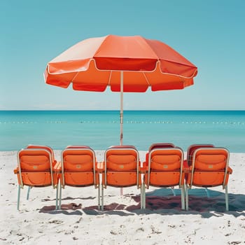 The beach offers a scenic view of the ocean with chairs and an umbrella