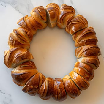 A bread wreath made of brown dough sits on the table, resembling a piece of body jewelry. The creative arts of cuisine using natural materials like amber and peach make unique jewelry pieces