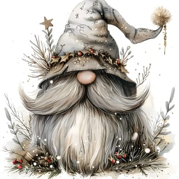 Imagine a whimsical gnome with a beard wearing a festive hat in a winter woodland scene