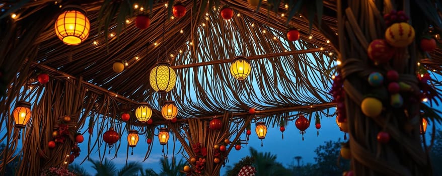A tropical gazebo adorned with colorful lanterns and decorative ornaments shines brightly as the sun sets, creating a warm, inviting atmosphere for a lively celebration.