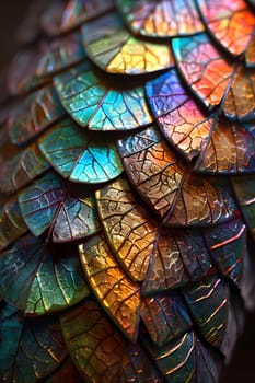 A detailed close up reveals the intricate pattern of a rainbow colored dragons scales, shimmering like stained glass with tints of water, wood, feather, and electric blue