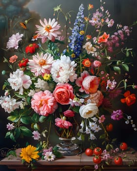 A beautiful painting of a bouquet of flowers in a vase sitting on a table, showcasing the artists talent in flower arranging and creative arts