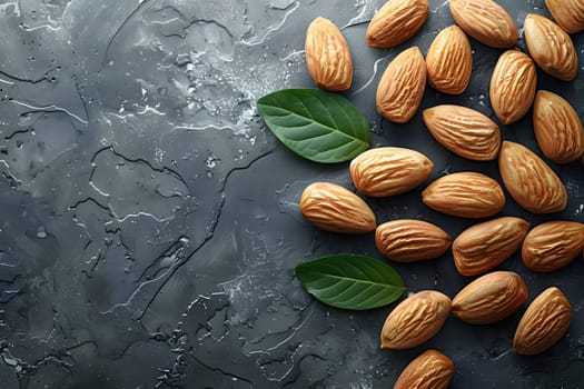 A bunch of almonds with green leaves, a natural food, placed on a wooden table, sourced from a terrestrial plant, a local produce