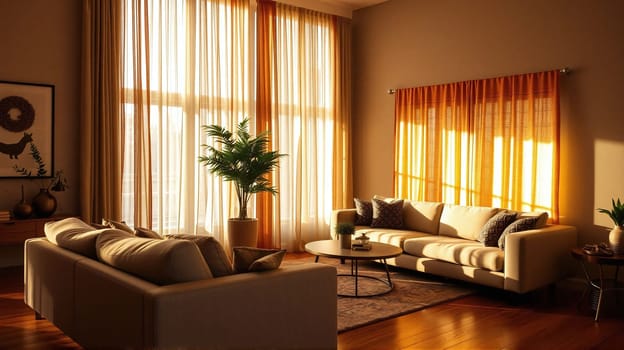 Soft sunlight streams through sheer curtains, illuminating a stylish living room with plush sofas, decorative plants, and a vibrant atmosphere that invites relaxation.