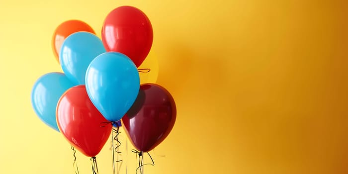 Bright helium balloons against yellow backdrop, perfect for parties and celebrations