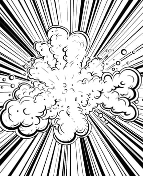 The explosion is depicted dynamically, with comicstyle clouds and radiating lines
