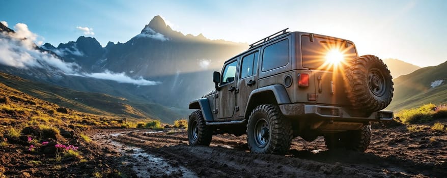 A robust off-road vehicle maneuvers along a muddy mountain trail with rugged terrain. The sun sets behind the peaks, illuminating the sky with warm hues and casting a dramatic light on the landscape.