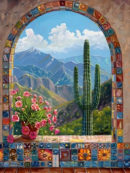 Scenic view framed by tiled arch with mountains, cactus, pink flowers under sunny sky
