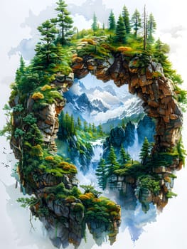 A unique painting of a natural landscape in the shape of the letter G, featuring a serene lake, lush evergreen trees, watercourses, and terrestrial plants along the banks