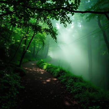 A serene forest trail meanders through dense foliage, bathed in soft morning light. Mist envelops the scene, creating an ethereal atmosphere filled with tranquility.