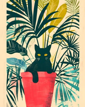 In a botanical garden, a cute black cat is lounging in a flower pot among greenery
