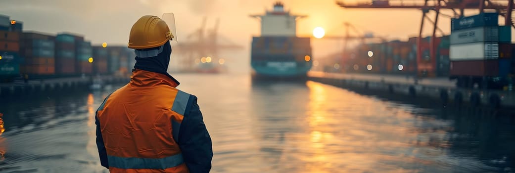 A man in personal protective equipment and a hard hat is standing in front of a large ship in the harbor, surrounded by electric blue waters and automotive lighting