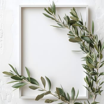 A rectangular white frame adorned with green leaves, representing a terrestrial plant. The design includes branches and twigs, typical of an evergreen shrub or tree