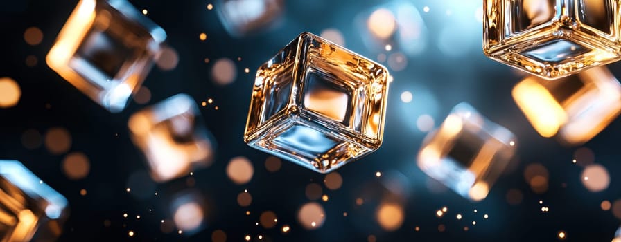 Floating transparent cubes create mesmerizing futuristic scene with glowing lights.