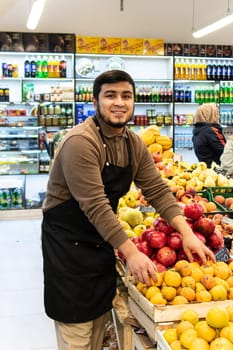 vegetable groceries vegan caucasian shopping seller selling people market man organic food buying