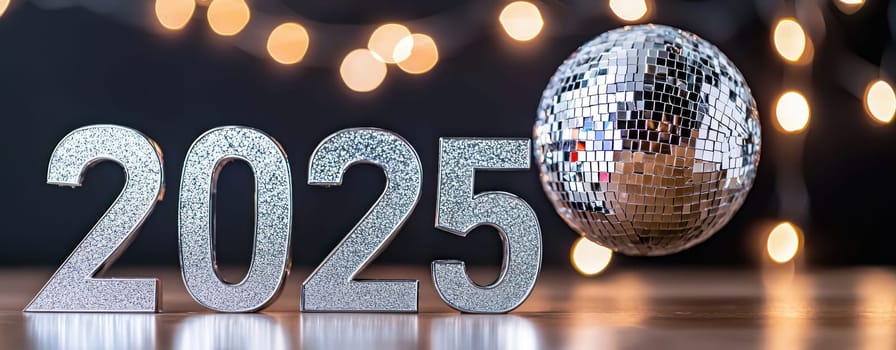 sparkling disco ball and year 2025 create festive atmosphere.