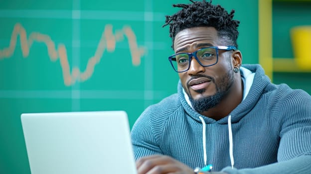 Financial analyst reviewing charts on laptop with focus and determination.