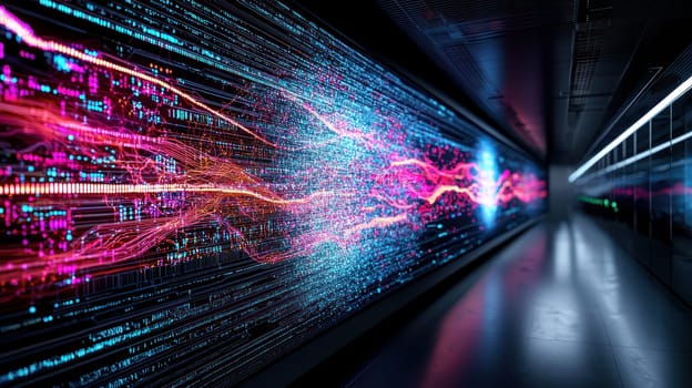 Futuristic workspace with vibrant digital wall display and sleek design.