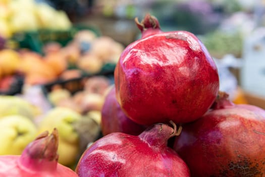 market closeup juicy background ripe red fresh pomegranate food vegetarian organic fruit healthy