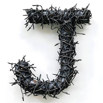 The letter J is depicted as barbed wire on a white background, resembling a twig or a plant. The design mixes elements of nature and metal to create a unique and striking pattern