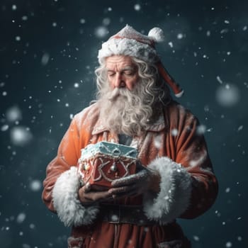 Cheerful santa claus with a gift in his hands.