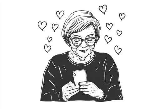 An elderly woman with a phone in her hands on a white background. High quality photo